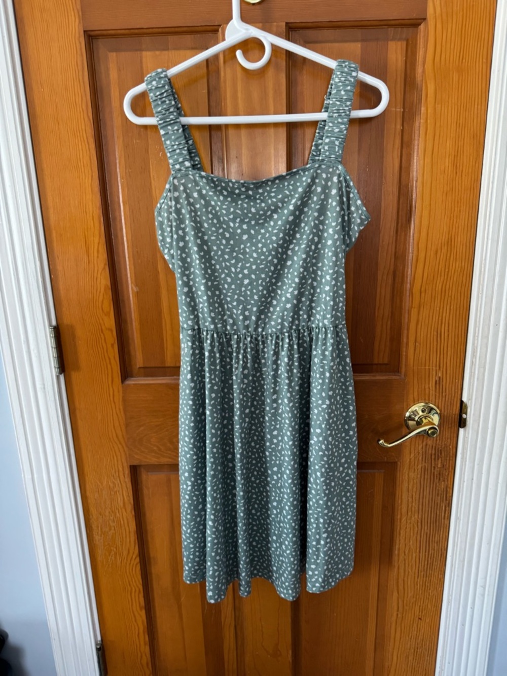 Sage Green Printed Midi Dress with Smocked Straps